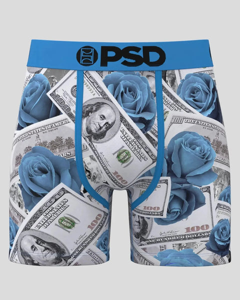 PSD boxer briefs with blue waistband featuring blue roses and dollar bill pattern throughout.