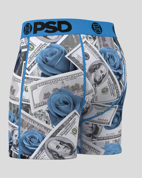 PSD boxer briefs with blue waistband, featuring blue roses and dollar bill pattern throughout.