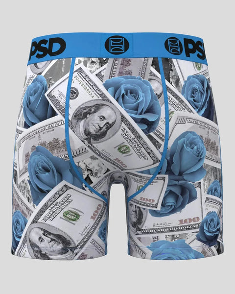 Men's boxer briefs with blue waistband featuring powder blue roses and dollar bill pattern throughout.