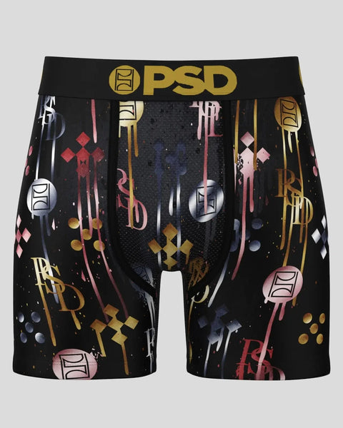 Black PSD boxer briefs with gold waistband, featuring colorful geometric patterns, logos, and abstract designs throughout.
