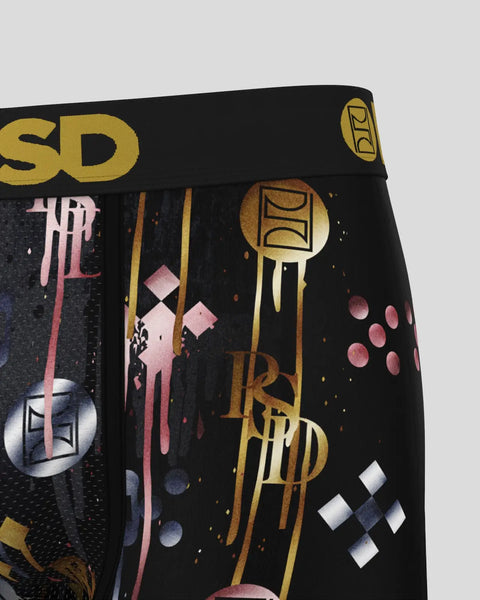 Black waistband with gold text and pink, gold geometric designs and circular patterns.