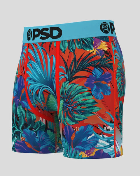 PSD boxer briefs with tropical floral print in red, blue, teal, and purple with blue waistband.