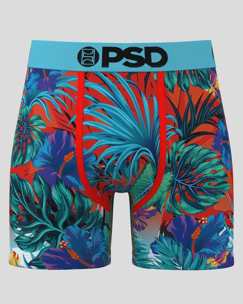 PSD brand boxer briefs with turquoise waistband and tropical foliage print in red, blue, green, and purple.