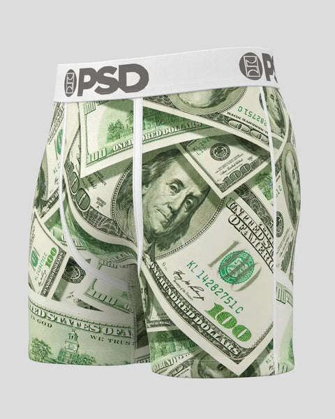 PSD brand boxer shorts with US dollar bill print and white waistband.