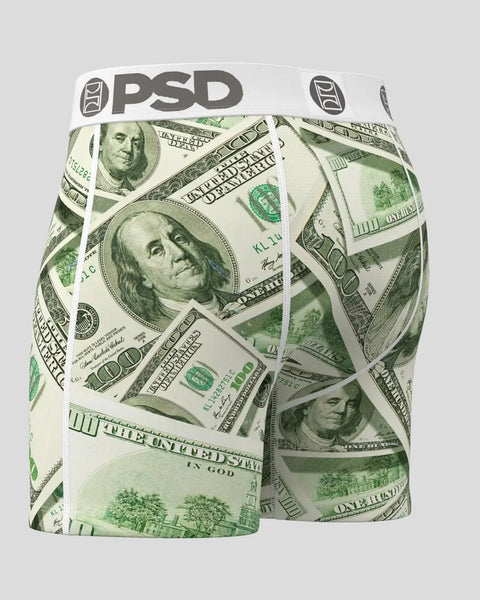 PSD brand boxer shorts with all-over US dollar bill print and white waistband.