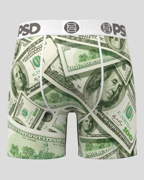 PSD branded boxer briefs with all-over US dollar bill print and white waistband.