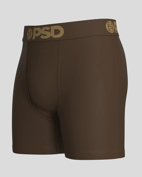 Brown modal solid boxer brief with tan PSD waistband and logo.