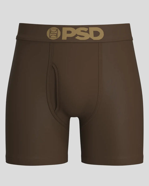 Cocoa brown men's boxer briefs with PSD waistband and center seam detail.