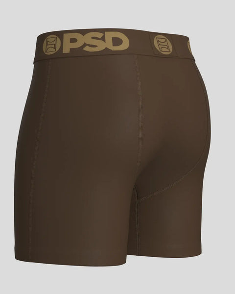 Cocoa-colored modal boxer shorts with tan PSD waistband and logo.