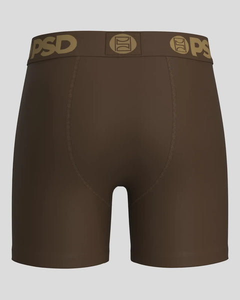 Brown modal boxer briefs with tan waistband featuring PSD branding and center seam stitching.
