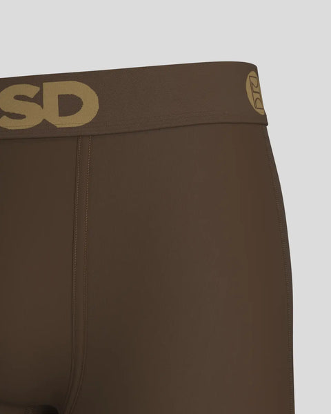 Brown modal underwear with gold waistband and logo detail.