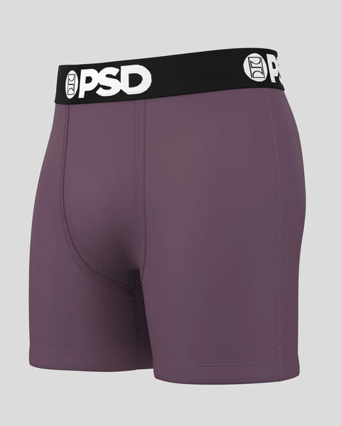 Purple boxer briefs with black PSD waistband and white logo.
