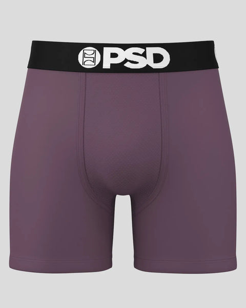 Purple boxer briefs with black waistband featuring PSD logo.