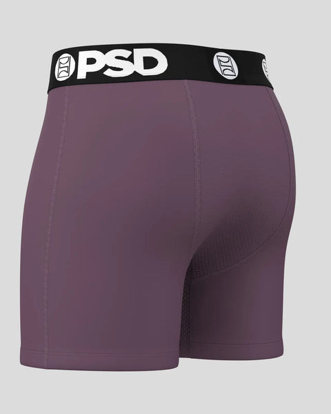 Purple PSD brand boxer briefs with black waistband and side seam details.