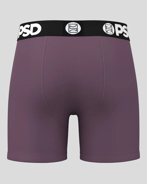 Purple boxer briefs with black and white PSD brand waistband featuring logo details.