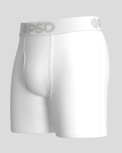White modal boxer briefs with gray PSD waistband and front fly design.