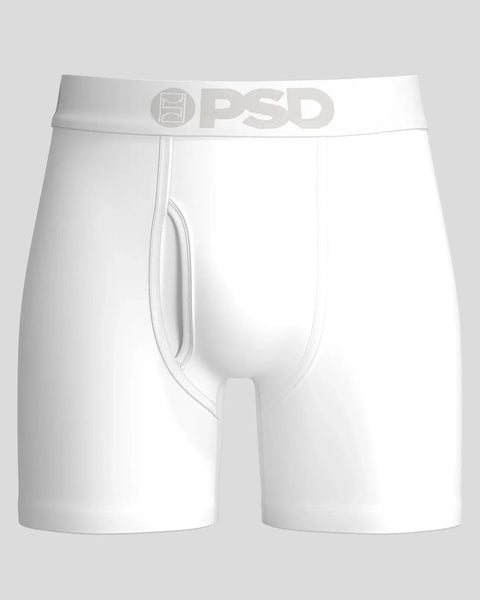 White modal boxer briefs with PSD waistband and center fly opening.