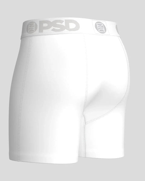 White modal solid boxer briefs with PSD waistband and stitched seams, shown from back view.