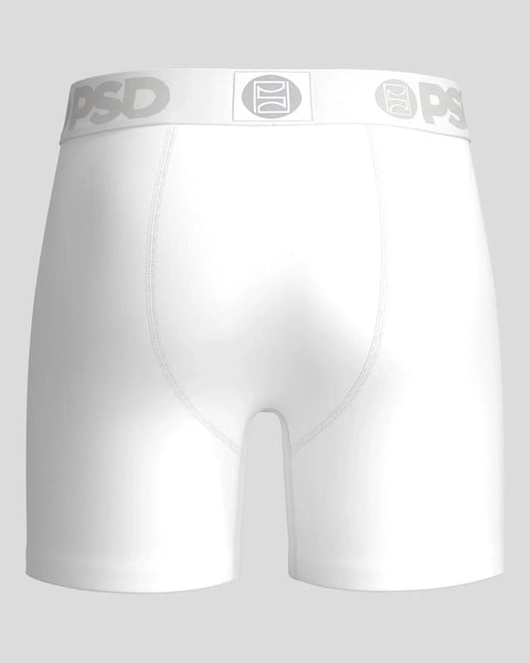 White modal boxer briefs with gray PSD waistband and center seam detail.