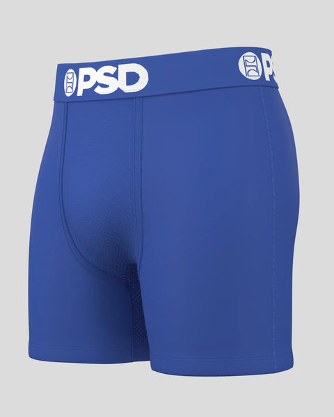 Royal blue boxer briefs with white PSD waistband and center seam detail.
