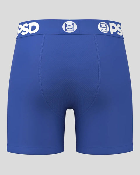 Royal blue boxer briefs with white PSD waistband and side seams.