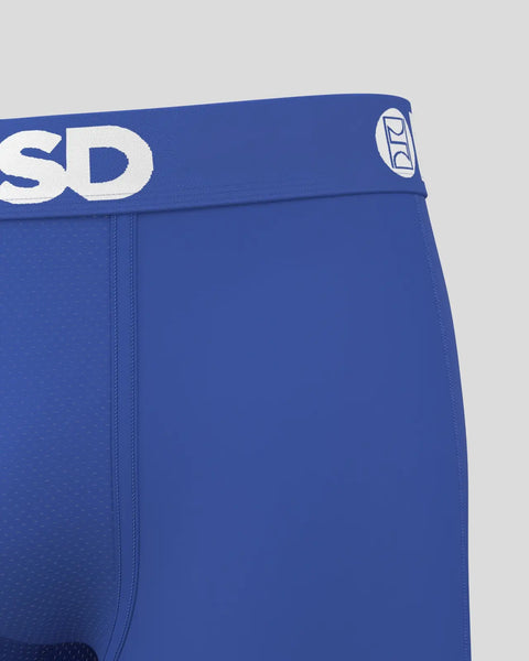 Royal blue underwear with white waistband text and logo detail.