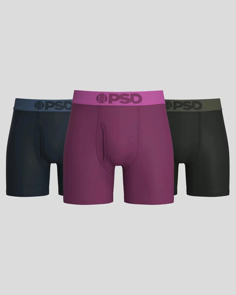 Three modal boxer briefs in navy, burgundy, and olive with PSD branded elastic waistbands.