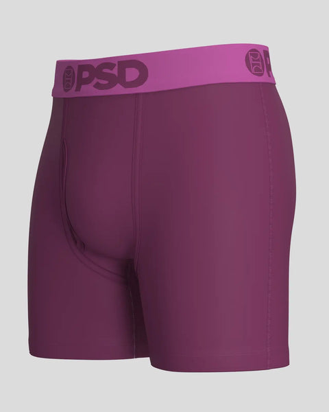 Purple modal boxer briefs with PSD branded waistband and center fly seam.