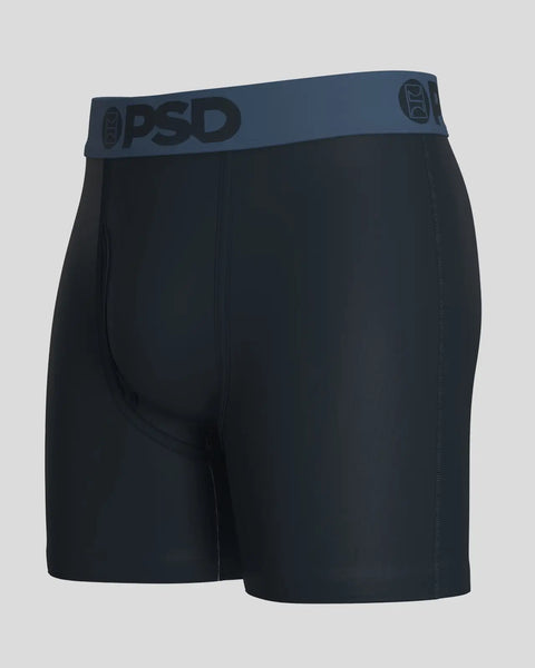 Black modal boxer briefs with blue PSD waistband featuring center seam and side stitching.