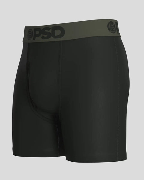 Black modal boxer briefs with olive waistband featuring PSD branding.