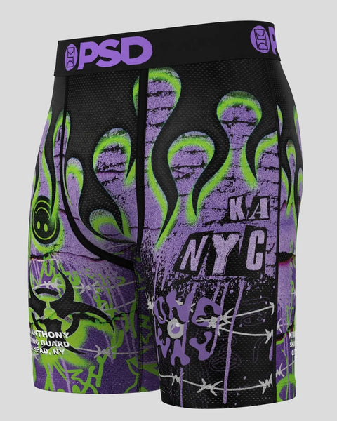 PSD boxer briefs with black mesh, neon green and purple alien/octopus graphic design and "One Way Street" text.