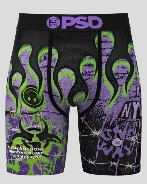 Black PSD boxer briefs with neon green and purple tentacle design and "Kiyan Anthony" text printed on legs.