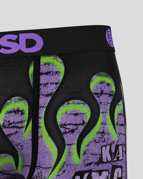 Black boxer briefs with purple and lime green graphic figures and 