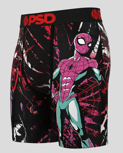 PSD black boxer briefs with pink and teal Spider-Man characters and red web pattern throughout.
