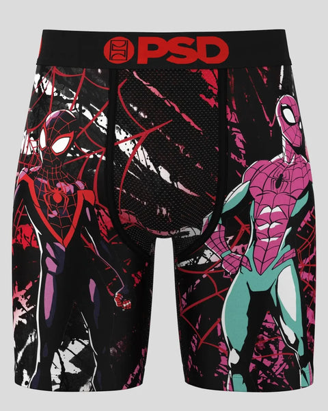 Black PSD boxer briefs with red and pink Spider-Man characters and web patterns on front and sides.