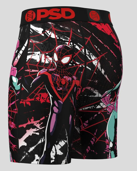 PSD black shorts with red and pink Spider-Man graphic print and web pattern design.