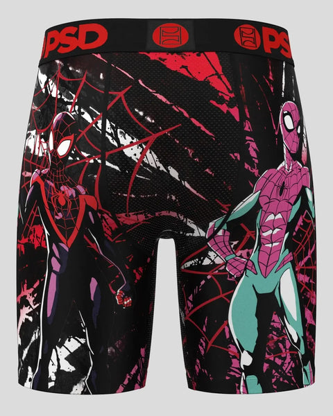 Black PSD boxer briefs featuring Spider-Man characters in red, pink, and white with web patterns throughout.