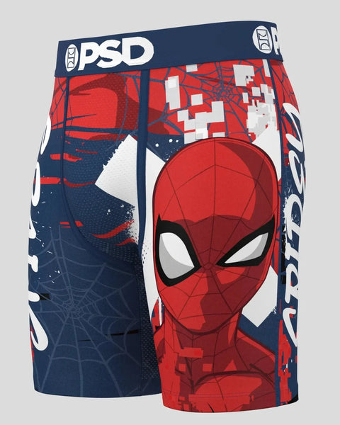 PSD men's boxer briefs with Spider-Man head graphic, red and navy colors with web pattern design.
