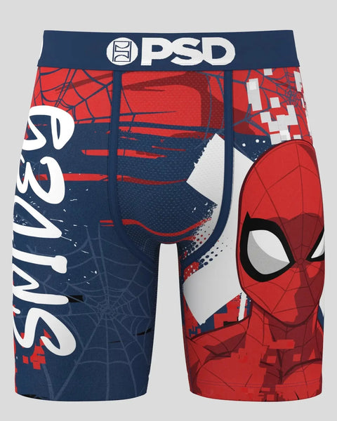PSD brand Spider-Man shorts with red and navy color-blocking, web patterns, and character mask design.