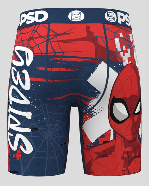 Red and navy Spider-Man boxer briefs with web pattern, PSD branding on waistband, and character mask design on leg.