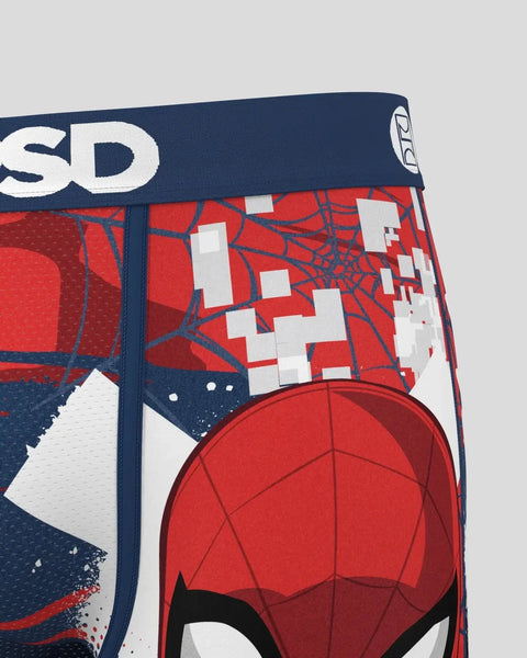 Spider-Man character underwear with red and blue colorway, white web pattern, and 