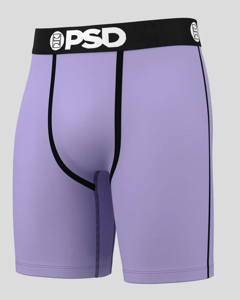 PSD brand boxer briefs in lavender with black waistband and leg trim.