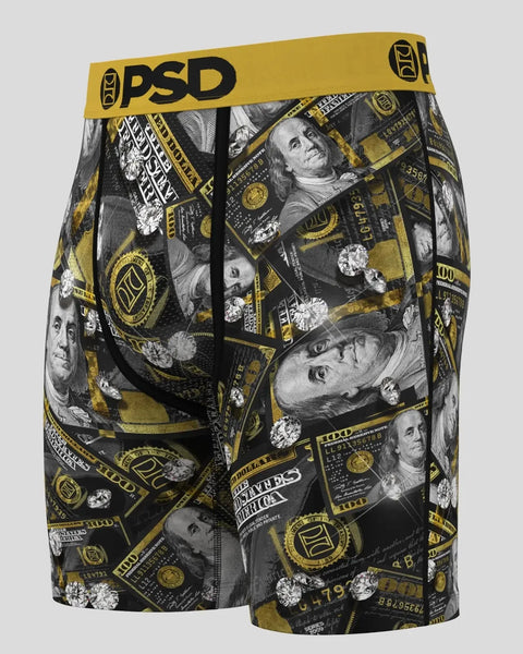 PSD boxer briefs with yellow waistband and all-over currency and portrait print in black and gold.