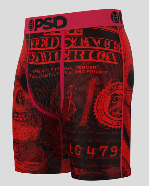 Red and black PSD boxer brief with graphic currency and text design print.