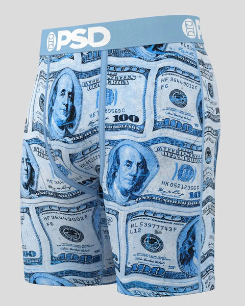 PSD brand boxer briefs with blue and white hundred dollar bill print pattern.