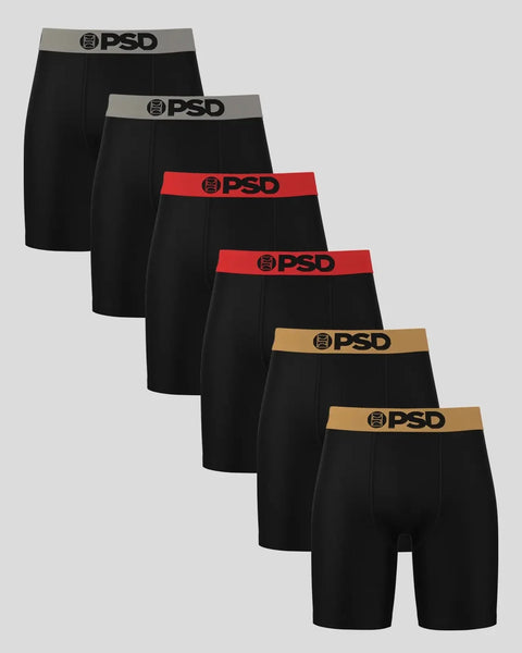 Six black boxer briefs with gray, red, and tan PSD waistbands arranged in overlapping rows.