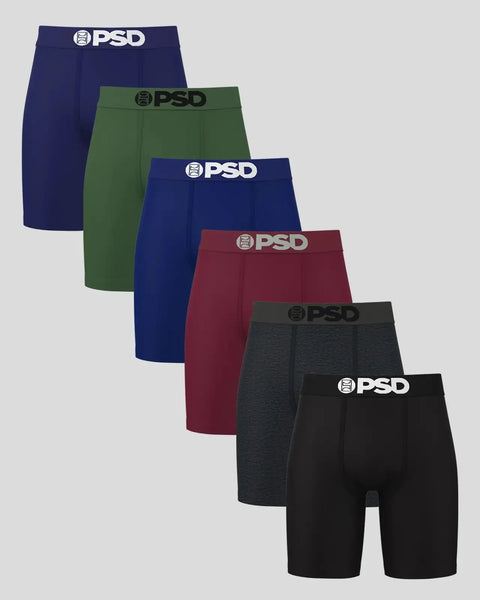 Six PSD brand boxer briefs in dark blue, green, navy, burgundy, charcoal, and black with logo waistbands.