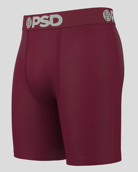 Burgundy PSD boxer briefs with white waistband logo and center seam detail.