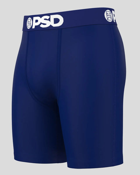 Navy blue boxer brief with PSD waistband and center fly seam detail.