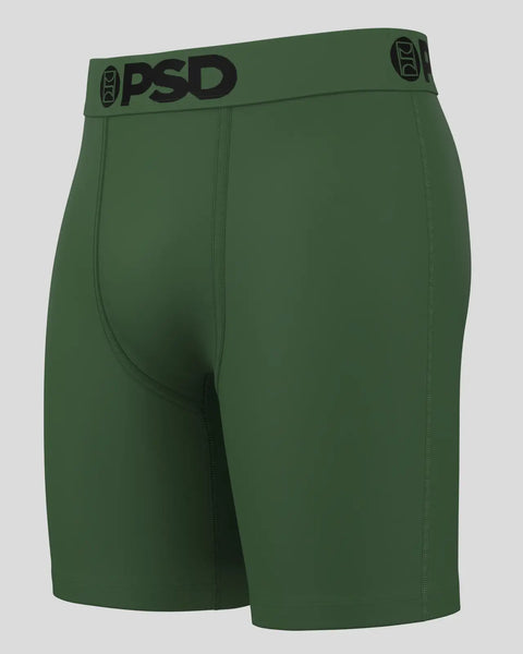 Dark green PSD brand boxer shorts with black waistband and stitched center seam.